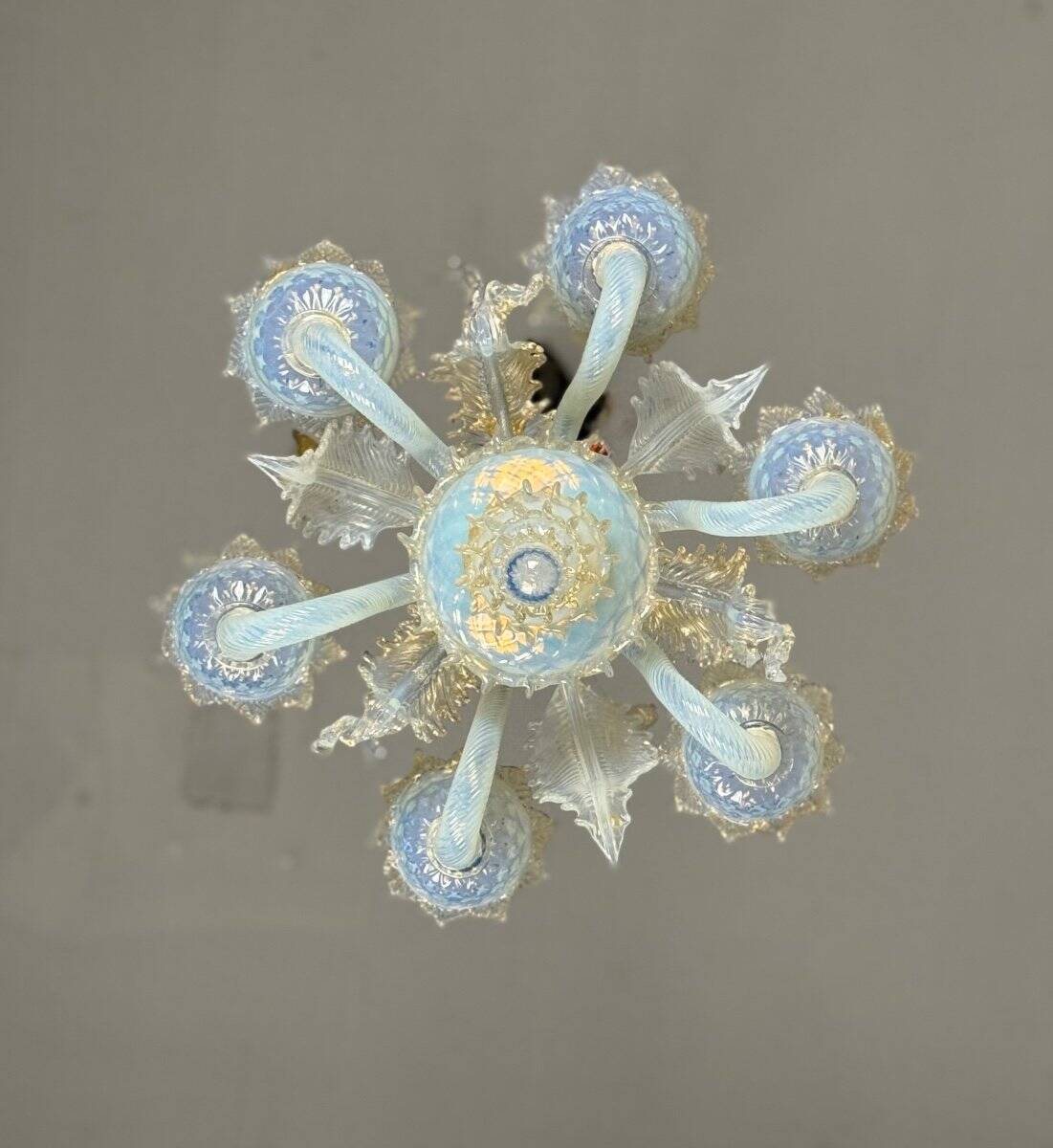 Small Venetian Chandelier In Opalescent Blue And Gold Murano Glass, 6 Arms Of Light Circa 1950