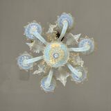 Small Venetian Chandelier In Opalescent Blue And Gold Murano Glass, 6 Arms Of Light Circa 1950