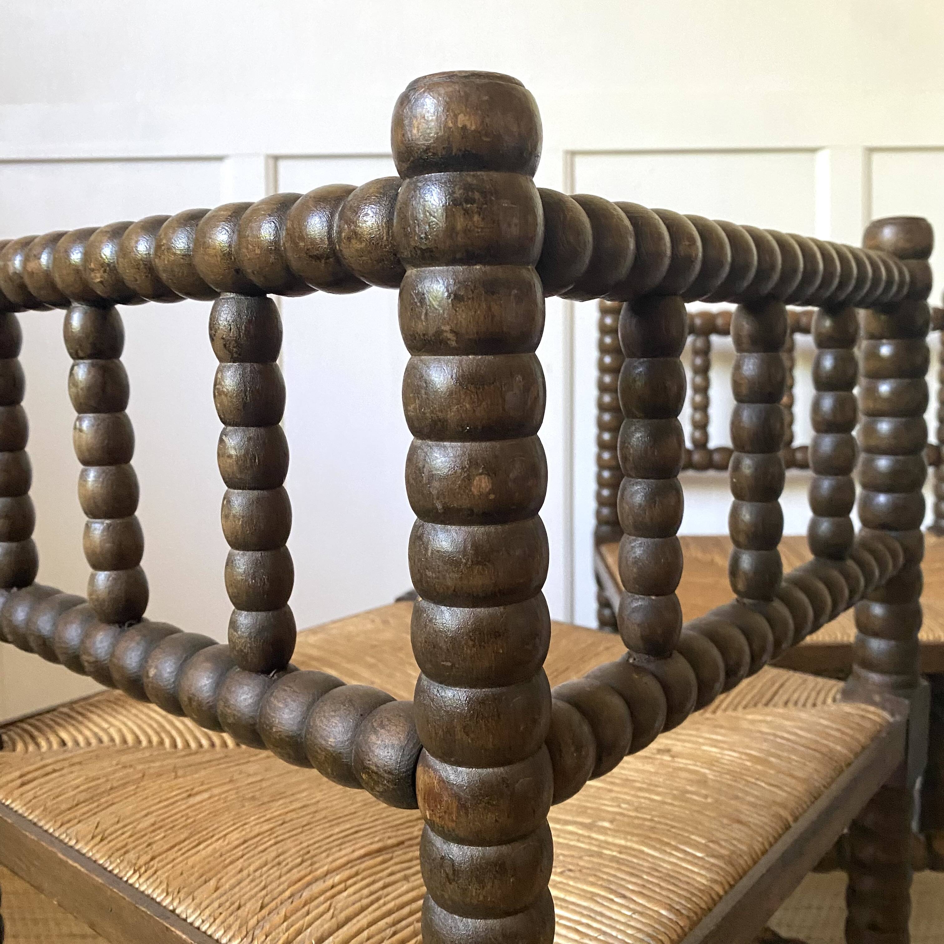 Pair of turned wood corner chairs, fireside chairs