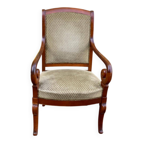 Fauteuil de bureau régence en bois massif et velours beige Louis Philippe