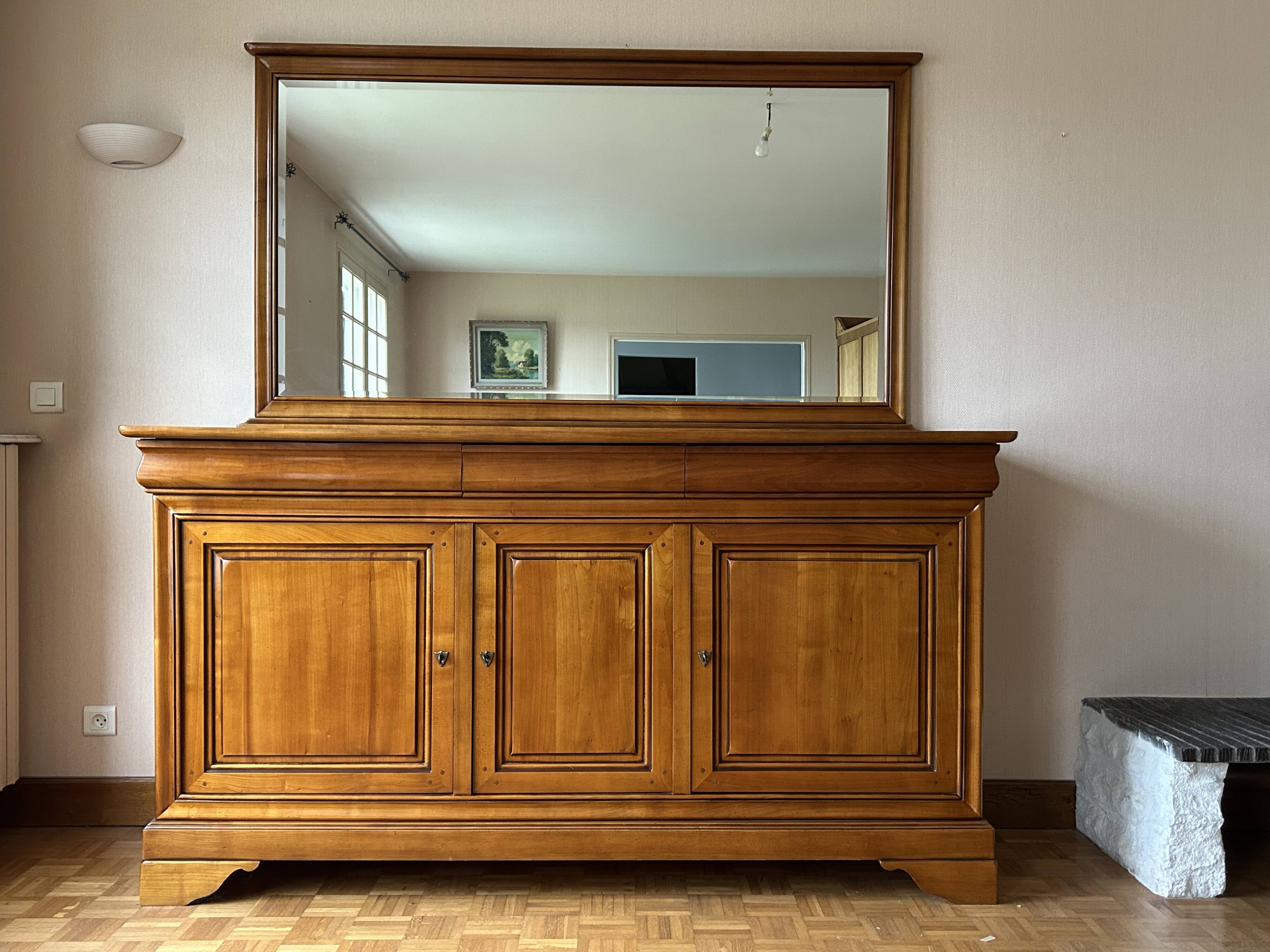 Solid cherry wood buffet Louis Philippe with 3 doors, 3 drawers + its mirror.