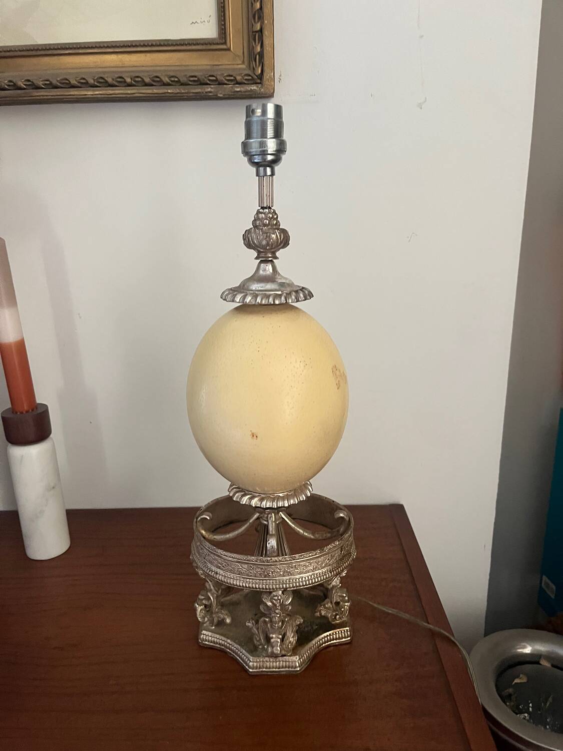 Silver-plated metal and ostrich egg lamp base, late 20th century