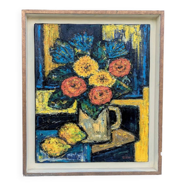 Tableau huile sur toile georges cueille (1927) nature morte bouquet fl