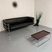 Three-seater tubular chrome and black leather sofa by Kébé, Denmark 80