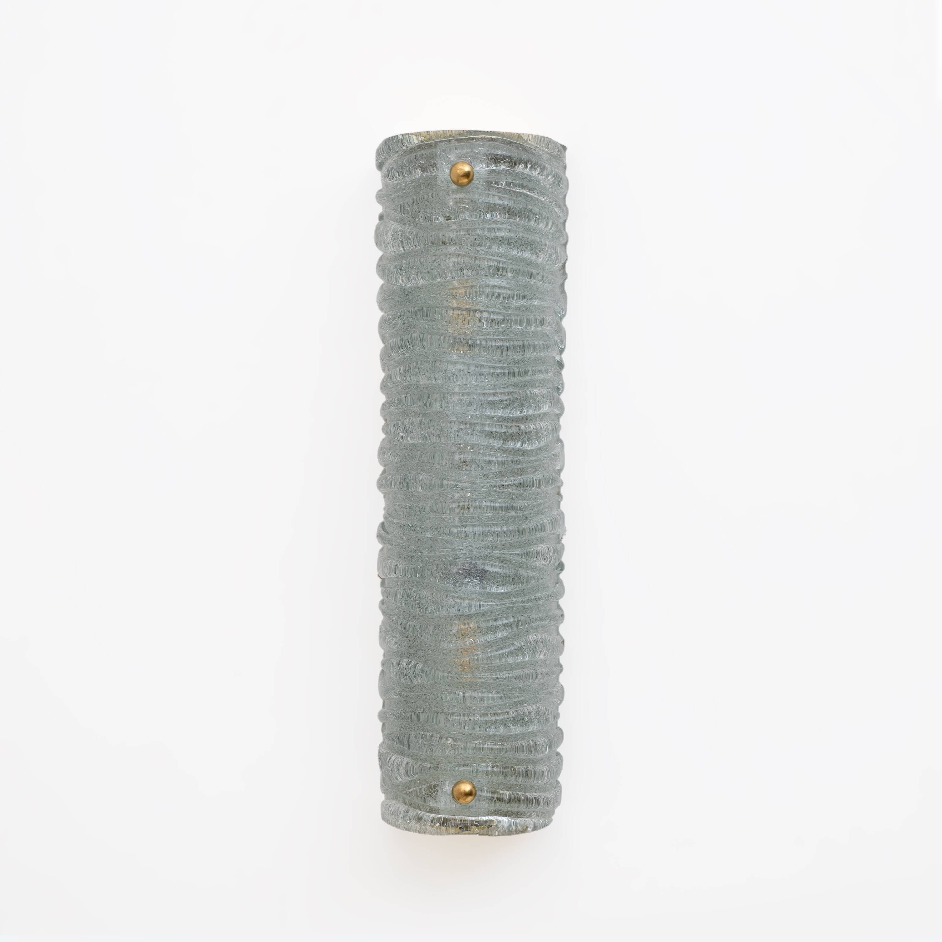 Pair of Barovier & Toso Art Deco Brass and Aquamarine Murano Glass Sconces