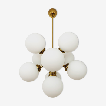 Brass and opaline glass Sputnik chandelier