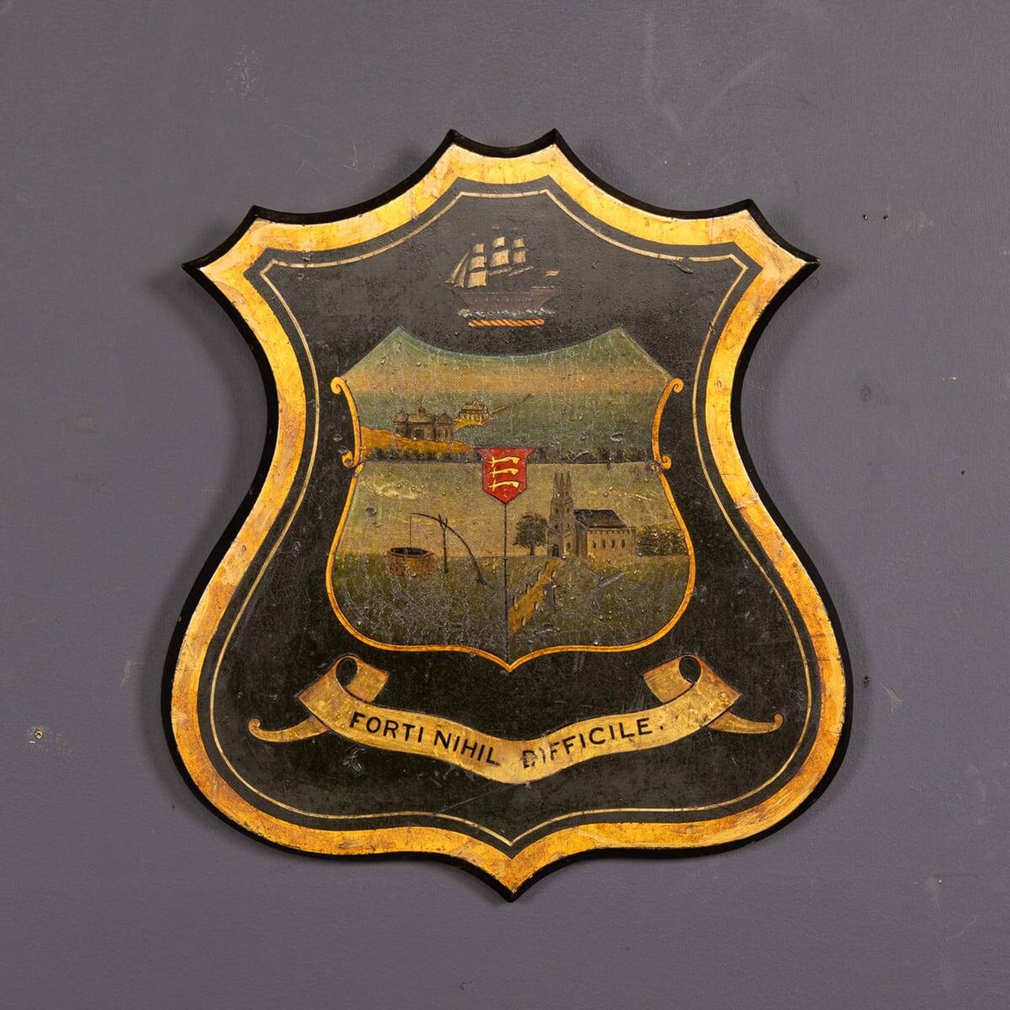 Antique 19thC English Hand Painted Essex Armorial Shield