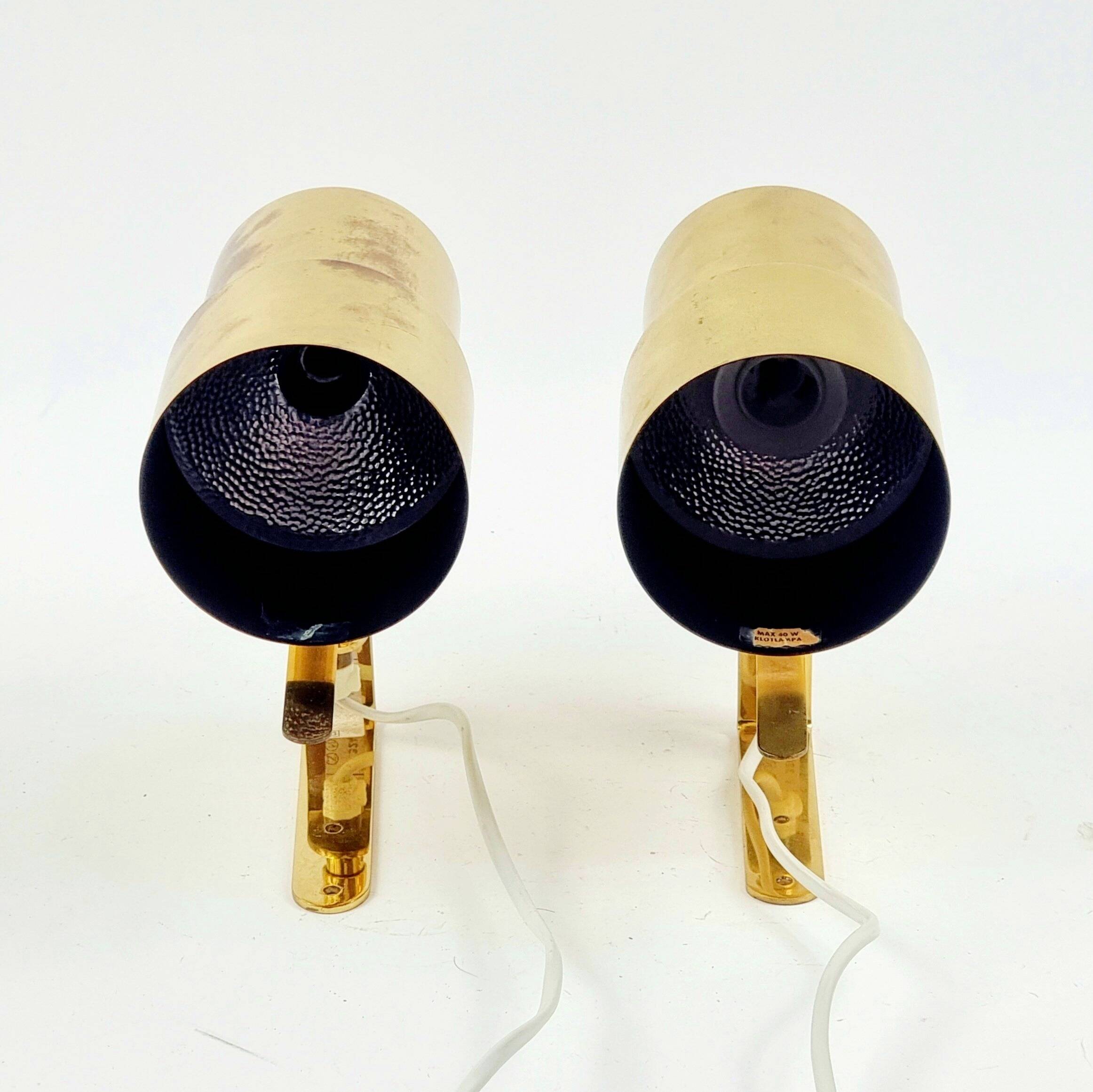Pair Of Mid Century Scandinavian Brass Wall Lights By H.A. Jakobsson, 1960s