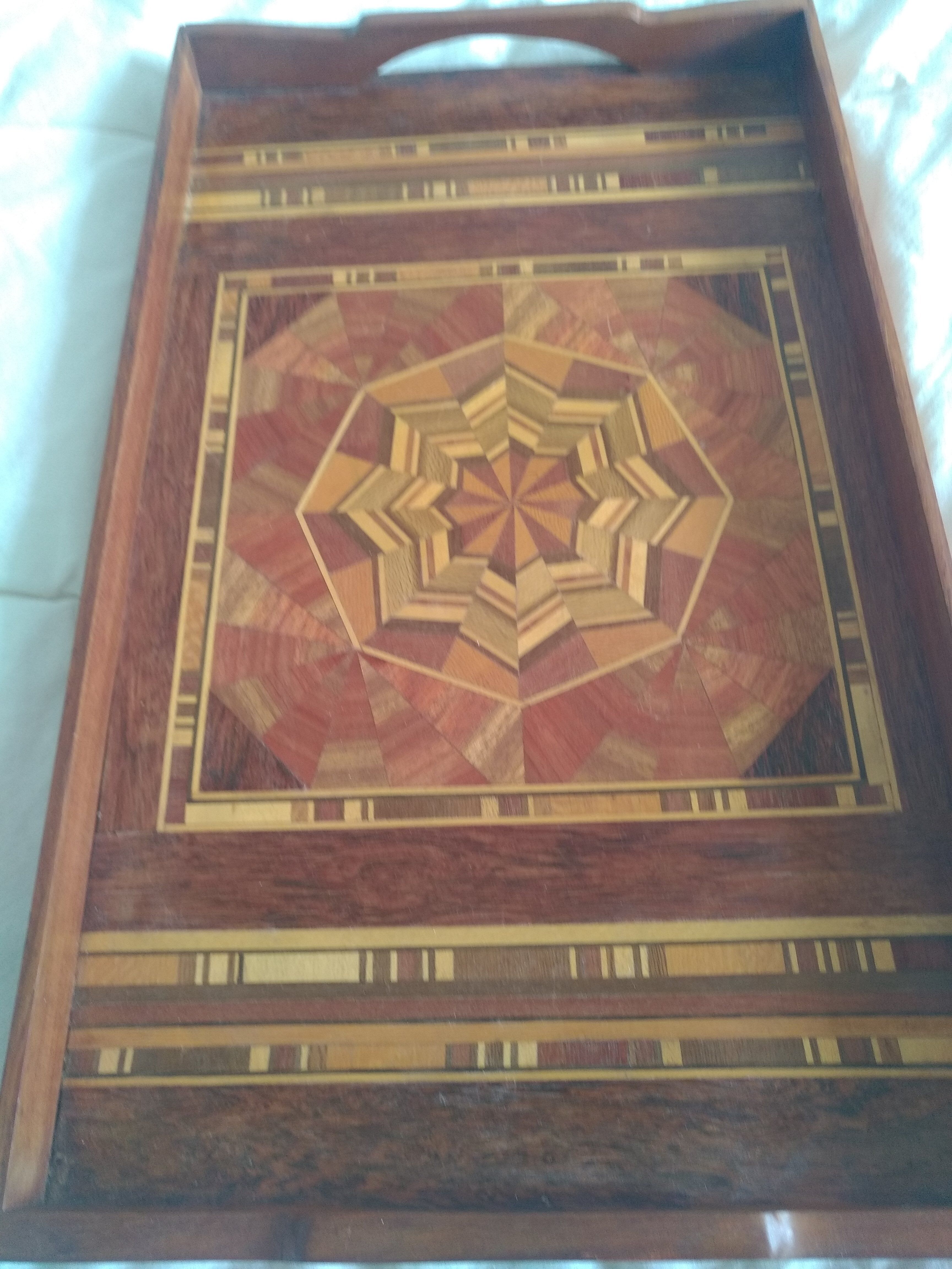 Old vintage marquetry wooden tray