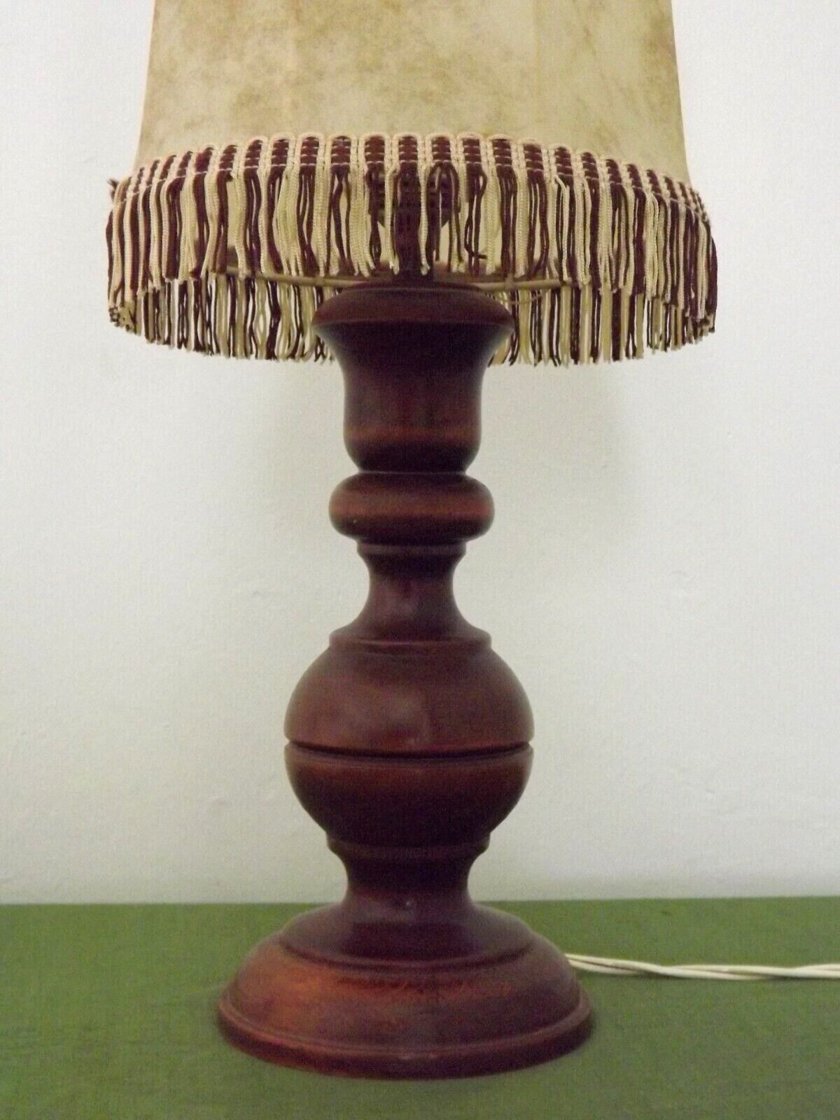 French Mid Century Round Turned Wood Table Lamp With Hide Skin Shade 4025