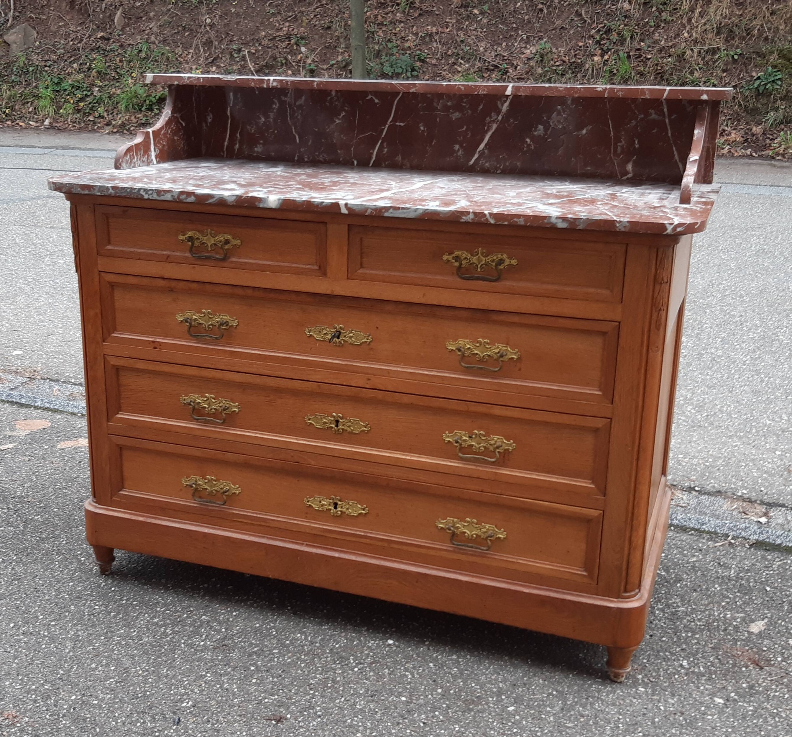 Oak and marble chest of drawers