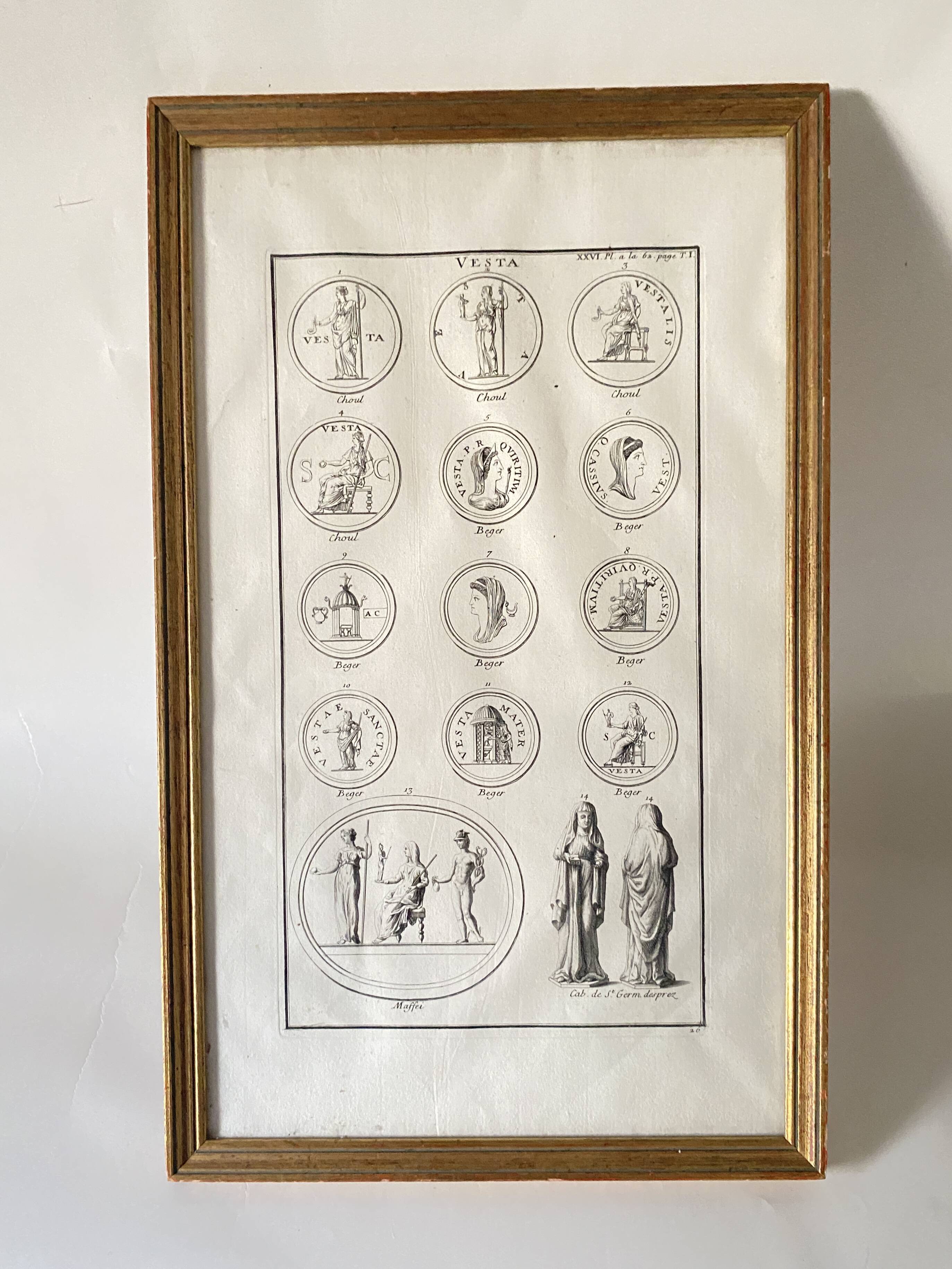 19th century engraving with antique motifs under glass