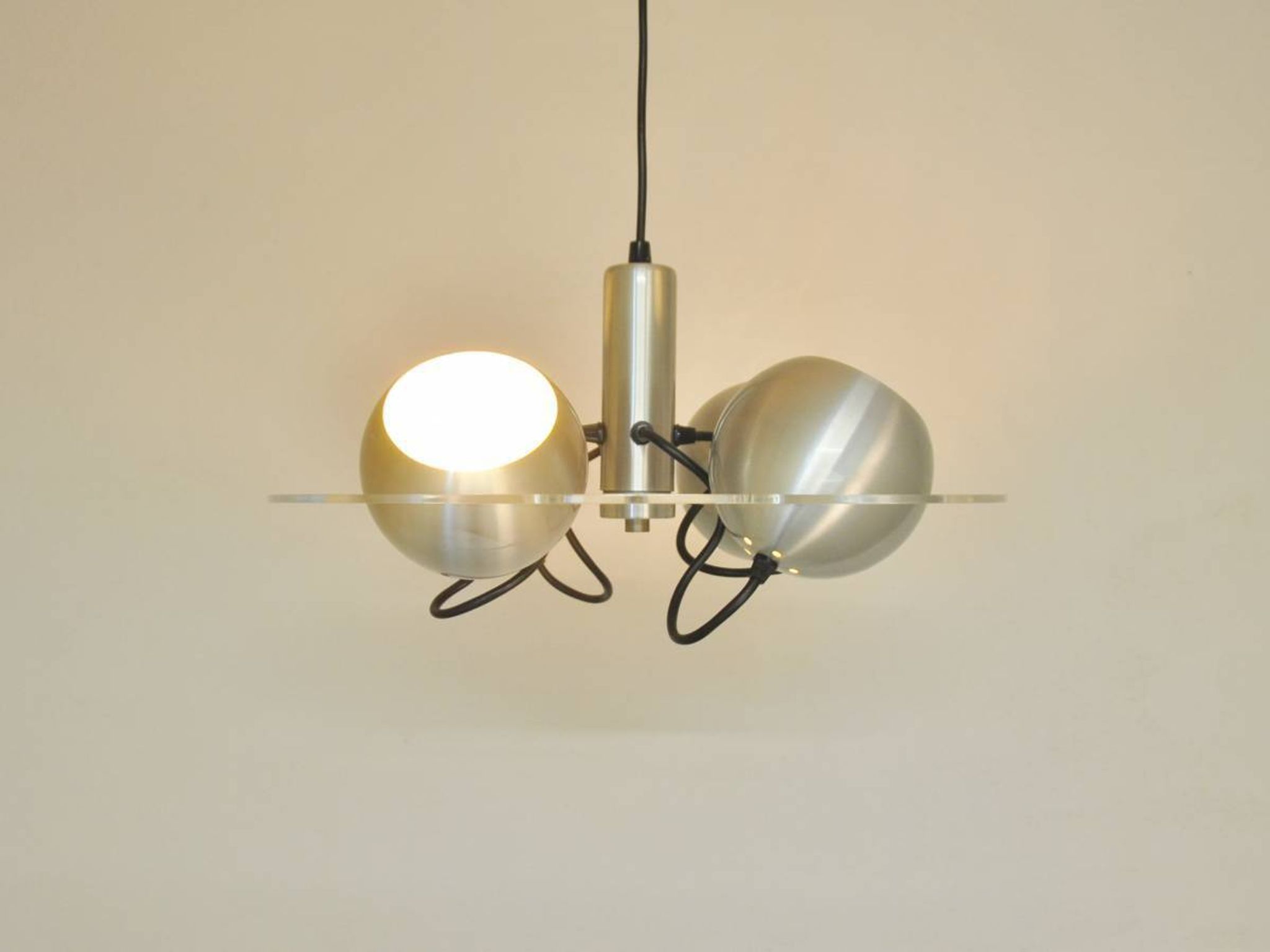 Space age pendant lamp with acrylic plate and 4 aluminum spots, 1970's