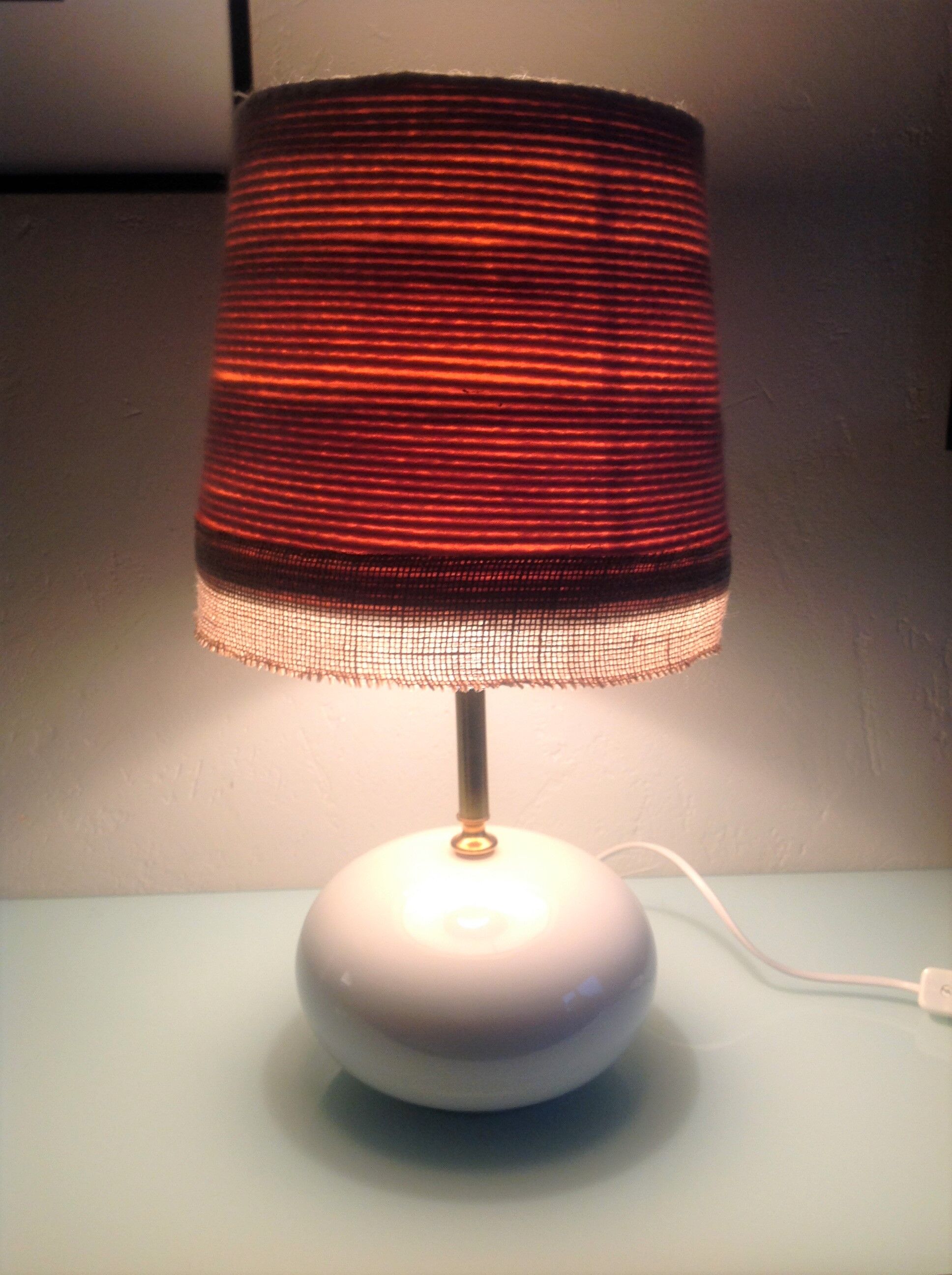 White ceramic ball lamp and beige wool lampshade / 70s