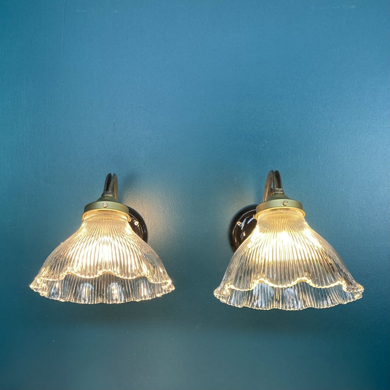 Pair brass wall lamps and holophane glass tulips porcelain rosette