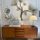 Large brass wall clock with needles in mid-century modern style, brutalist style, Curtis Jeré.