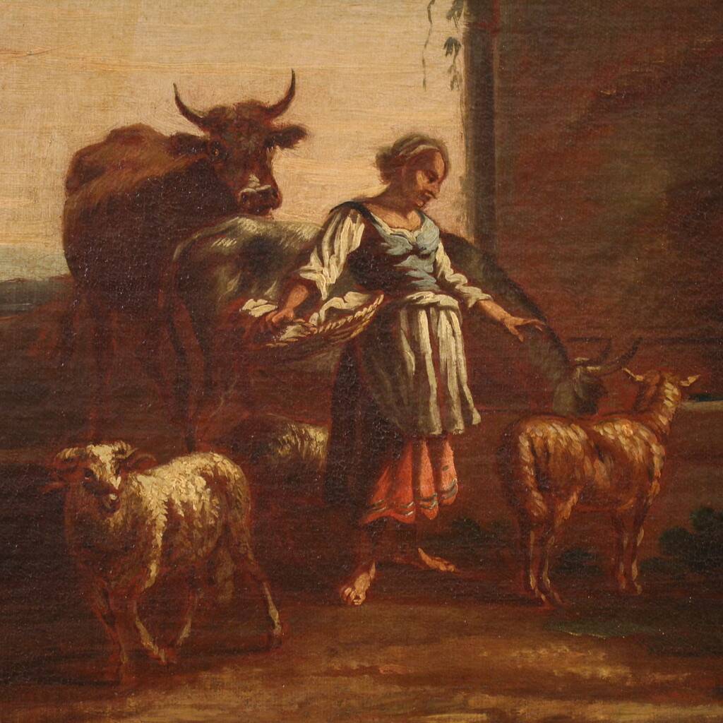 17th century bucolic landscape painting with figures, pastoral scene