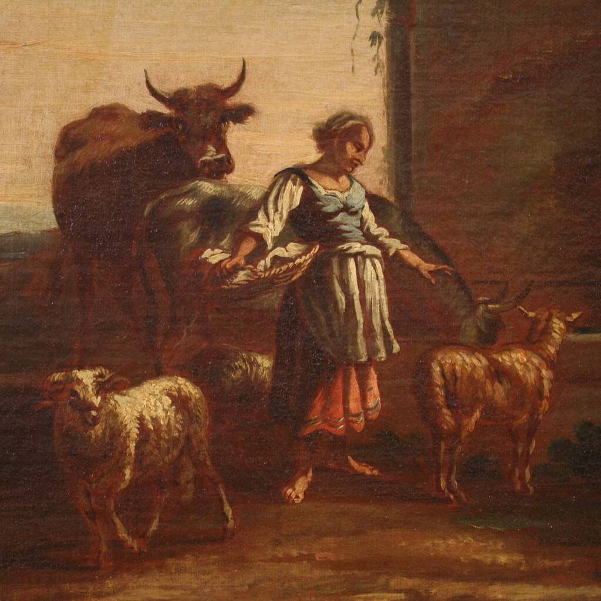 17th century bucolic landscape painting with figures, pastoral scene