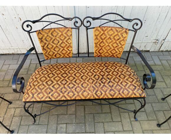 Set of vintage garden furniture sofa wrought iron and wicker, chairs & coffee table vintage 1980