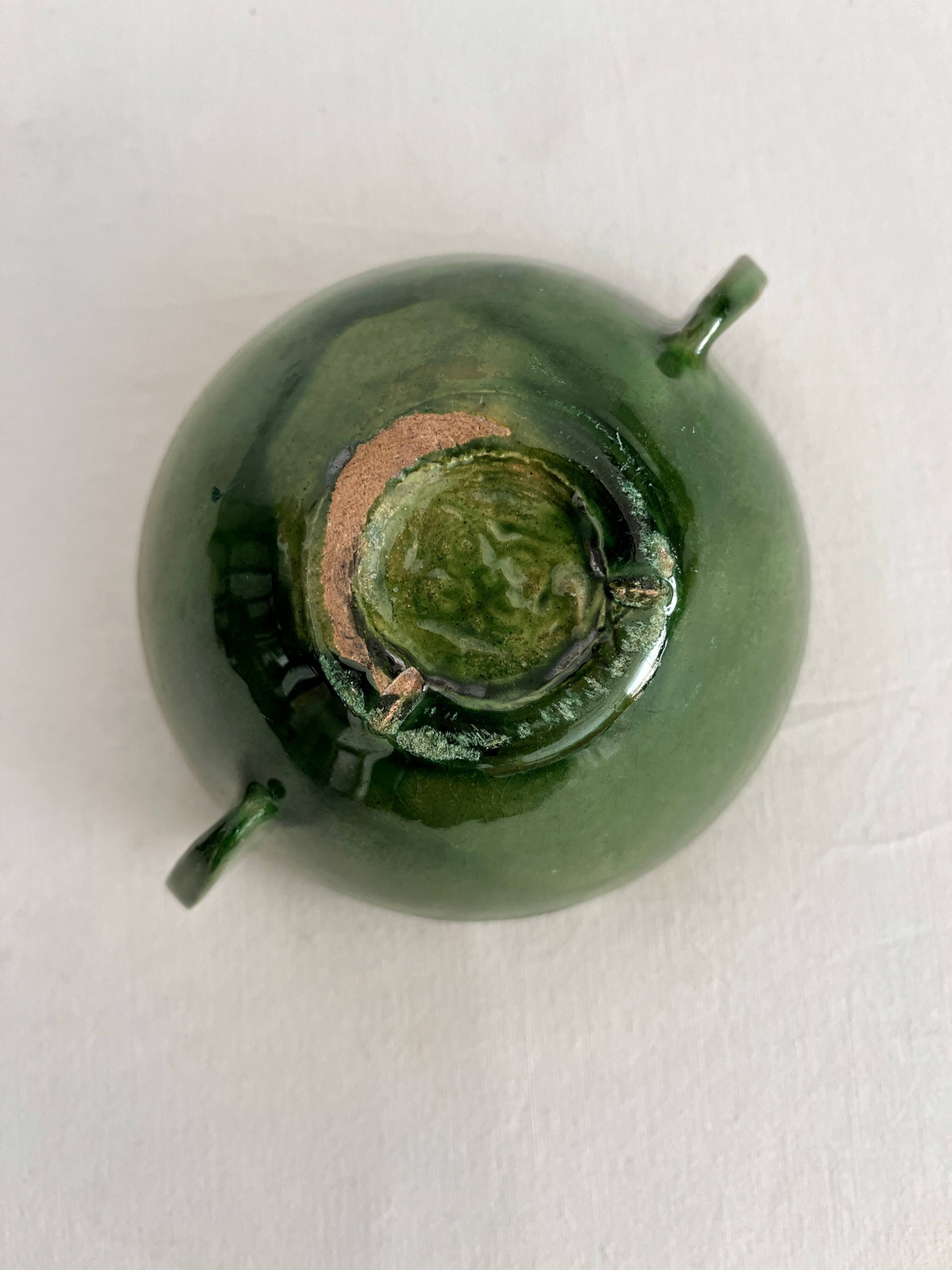 Antique green glazed ceramic bowl with handles, Tamegroute type