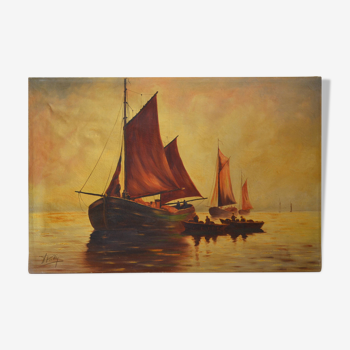 Tableau ancien marine voiliers " soleil couchant " peinture HST