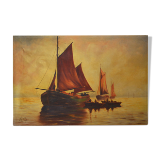 Tableau ancien marine voiliers " soleil couchant " peinture HST