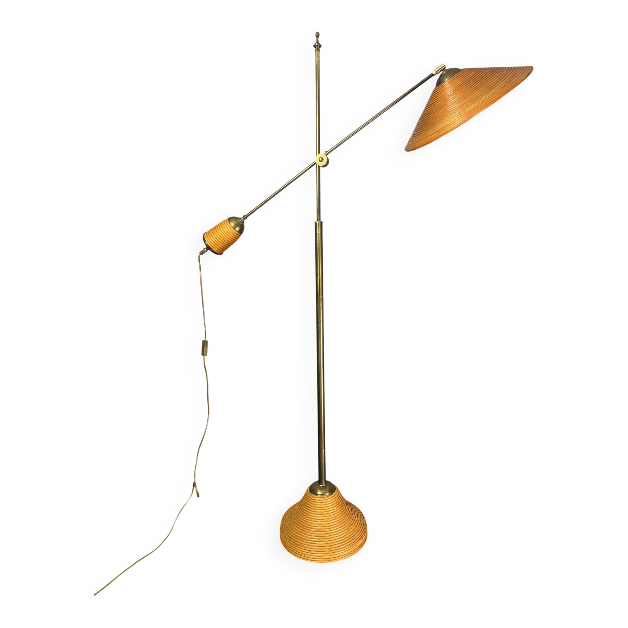 Italian Adjustable Floor Lamp in Pencil Reed Rattan Bamboo and Brass, 1970s