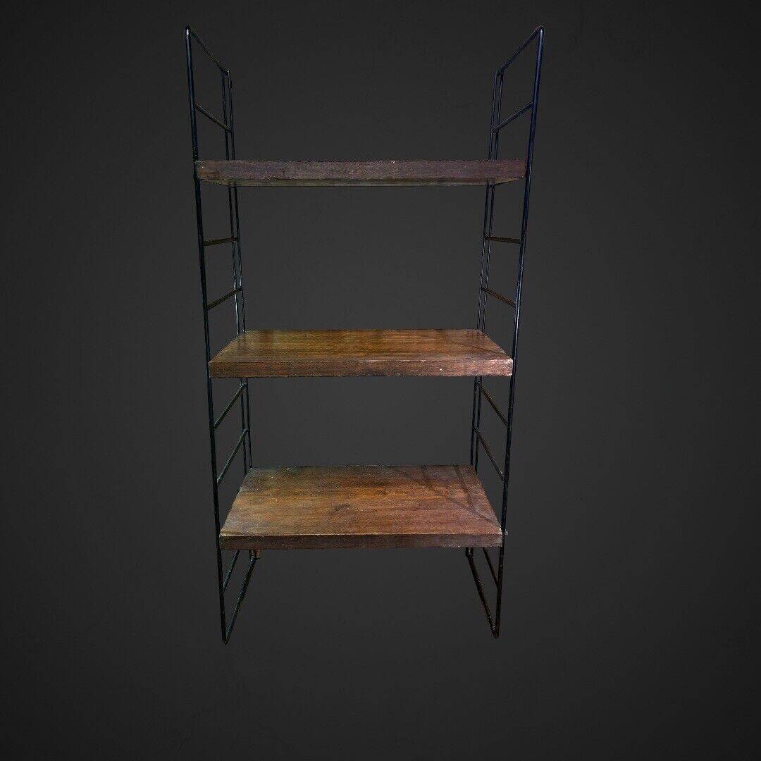 60's string wall shelf black lacquered metal oak, vintage
