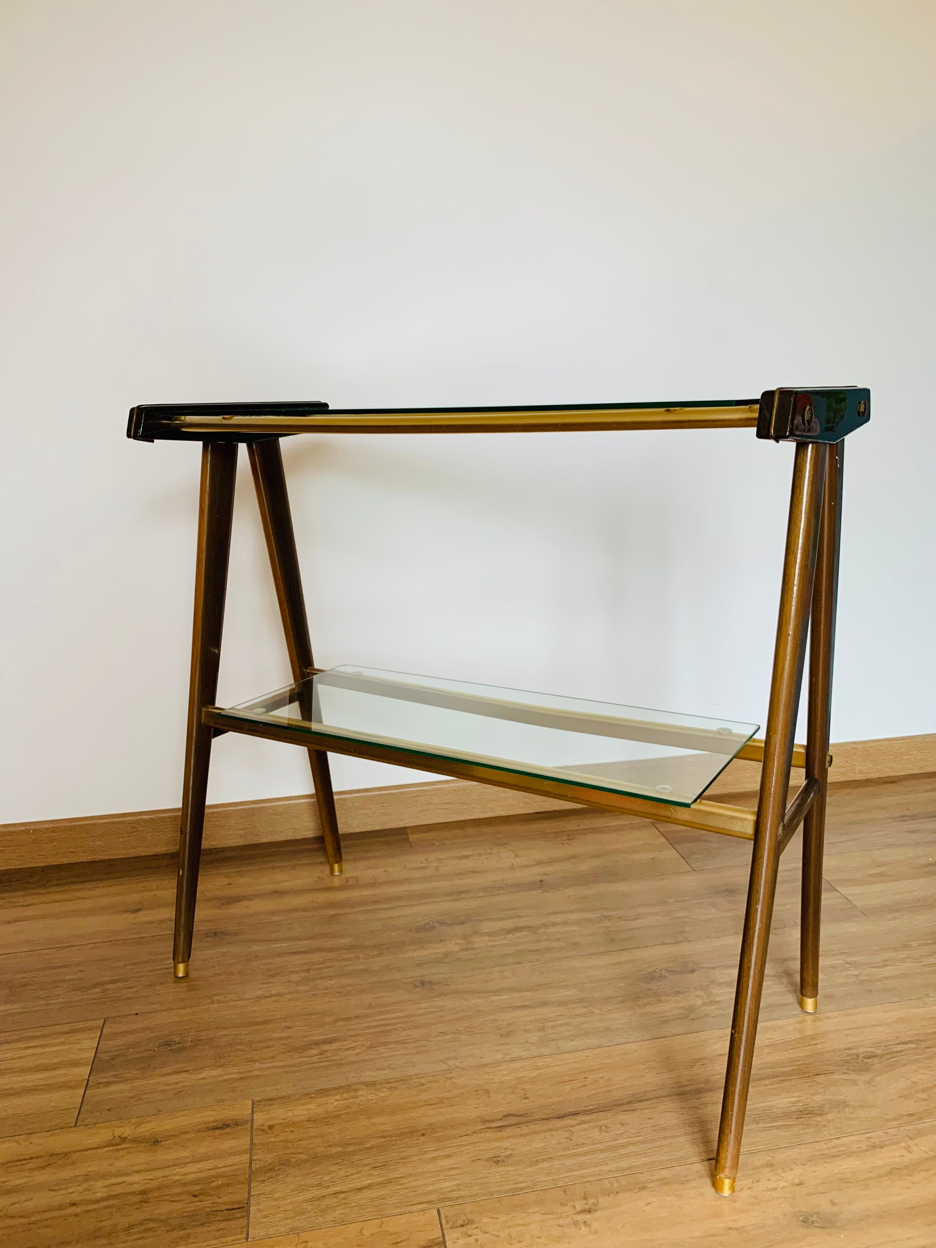 Vintage console in wood, glass and gold metal