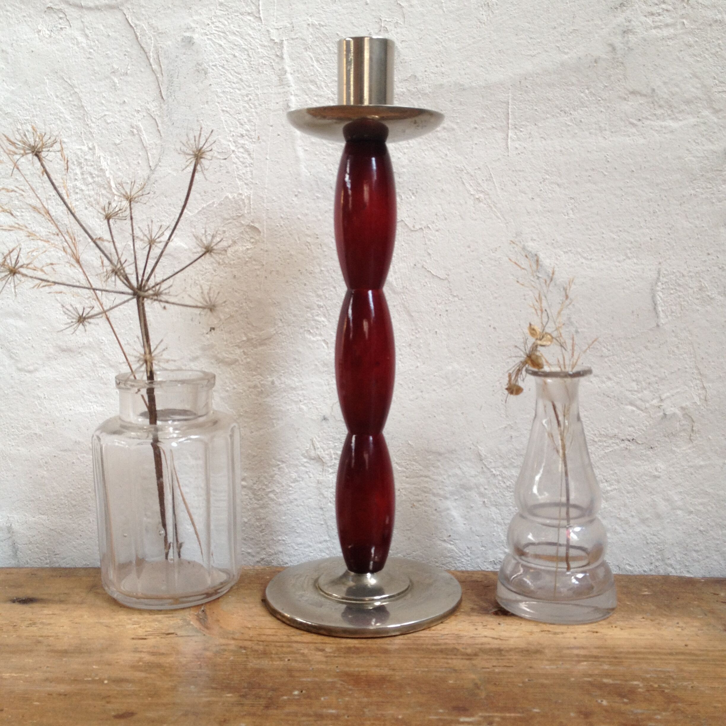 Scandinavian candlestick, wood and chrome