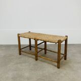 Vintage straw and wood bench, 1960s, country/mountain style