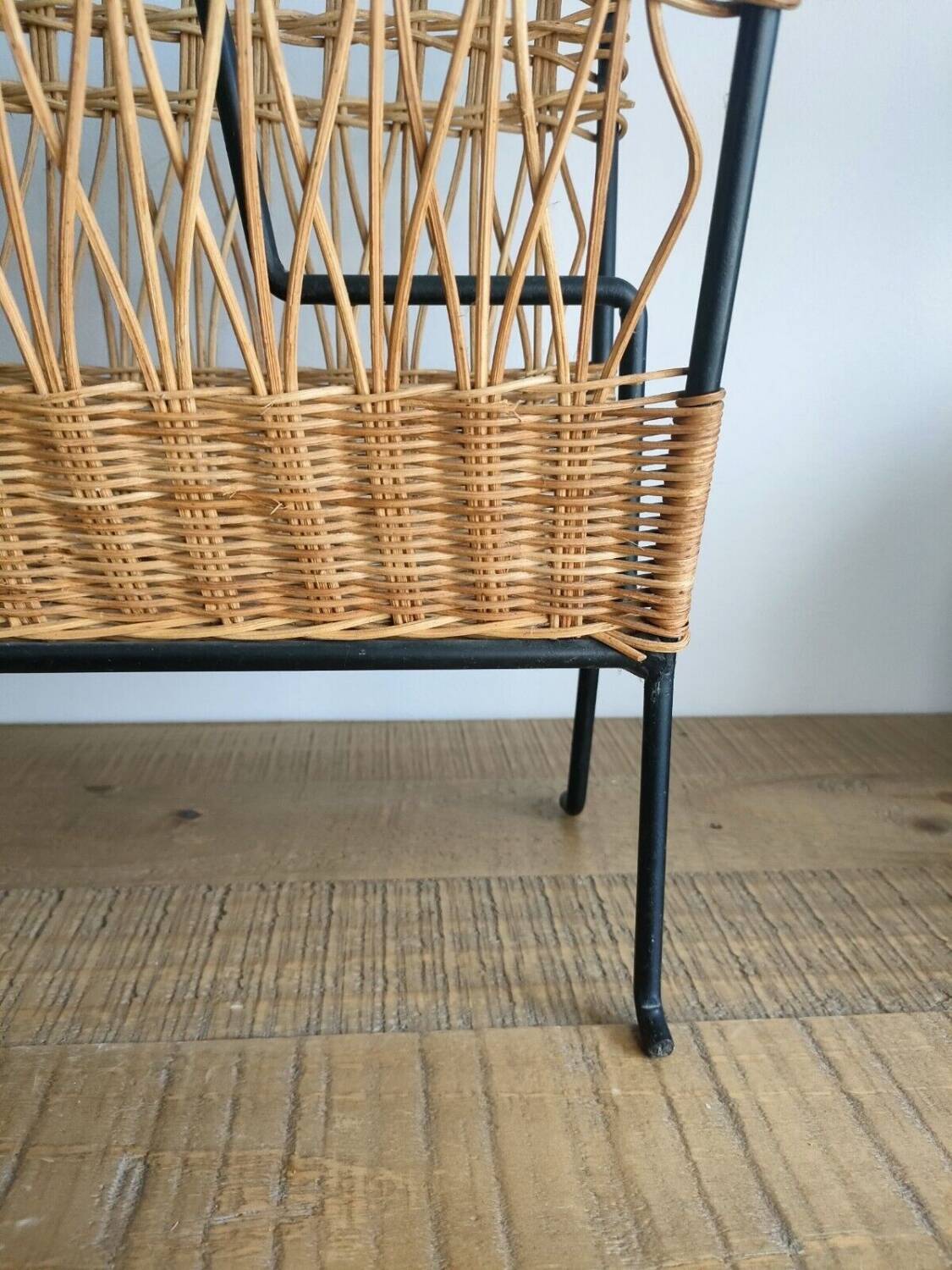 Iron and Rattan Magazine Rack - 1960s - Vintage