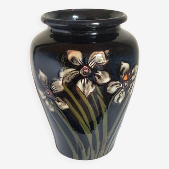 Old enameled earthenware vase with daffodils early 20th century