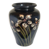 Old enameled earthenware vase with daffodils early 20th century