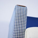 Mid- century modern armchair, 1970s, restored, blue and white velvet, pied de poule fabric