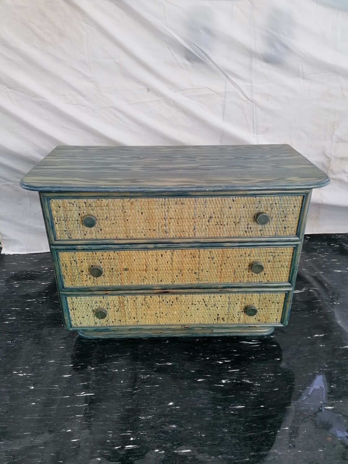Maugrion chest of drawers in green and blue rattan