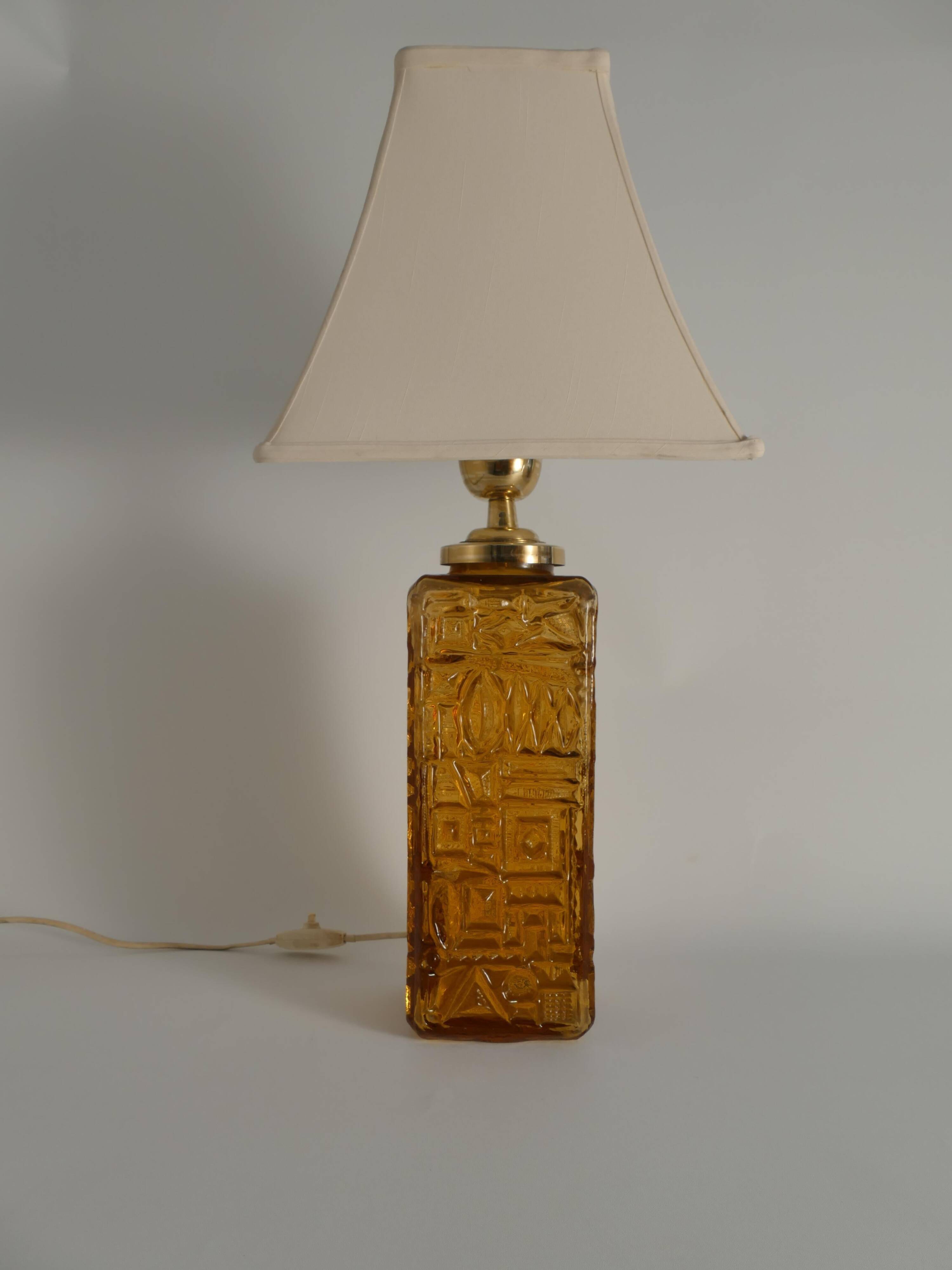 Large Amber Glass Table Lamp by Gustav Leek for Orrefors, 1960s