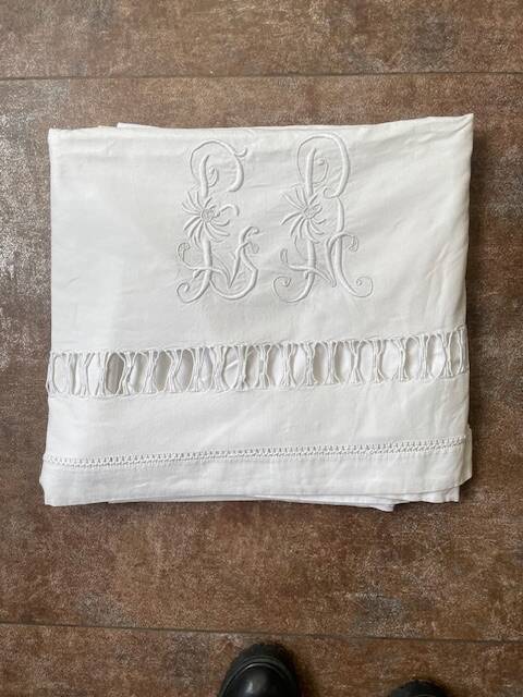 Antique linen-cotton sheet with LR monogram, embroidered