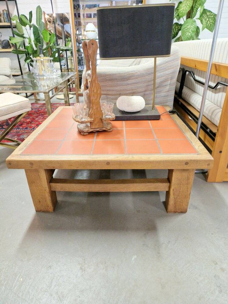 Brutalist Oak Coffee Table with Terracotta Tiles, 1950s