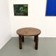 Modernist round table, solid oak, cylindrical pine base, DLG Perrian.