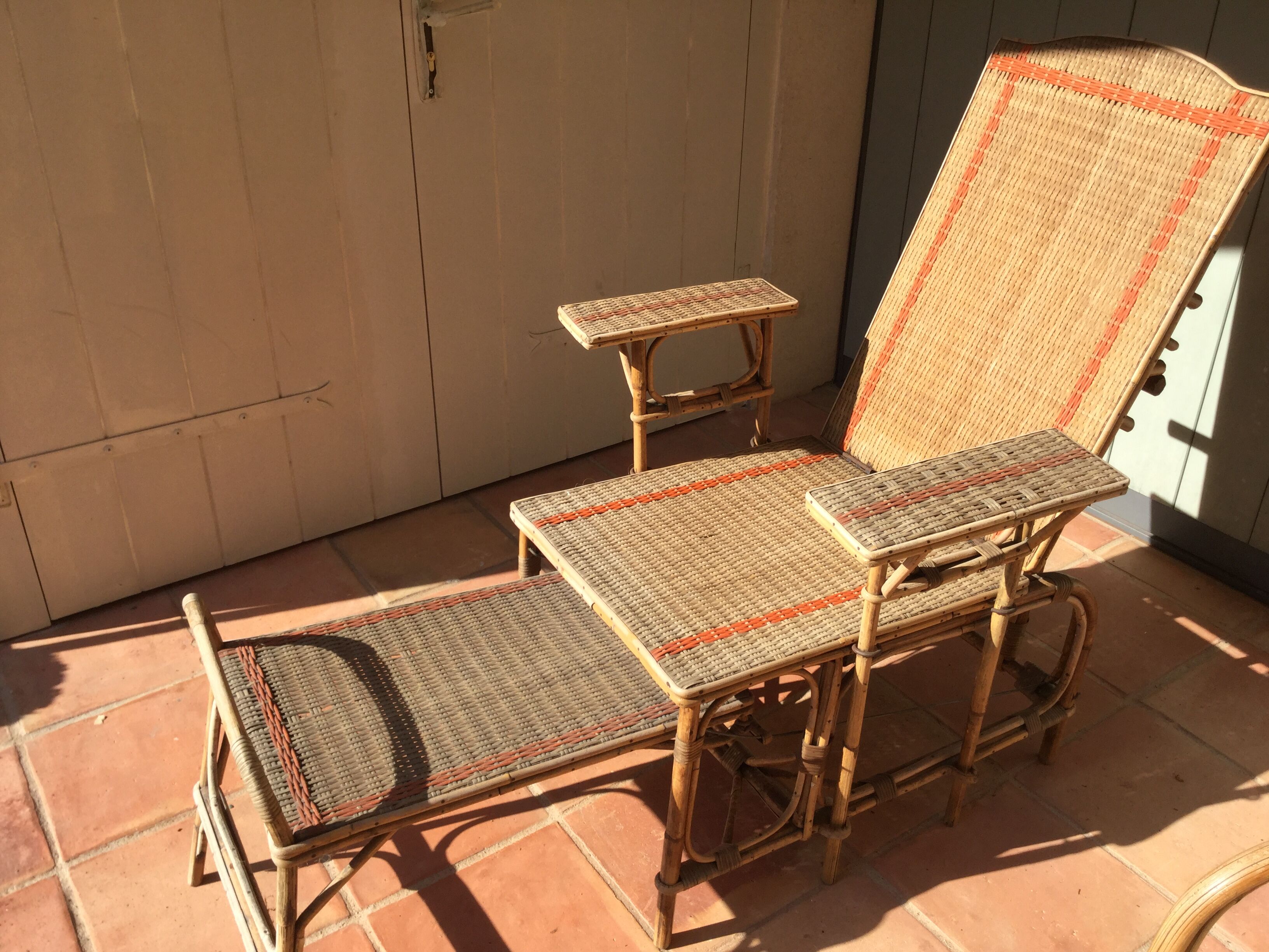 Chair with foot rest long rattan sliding removable armrests