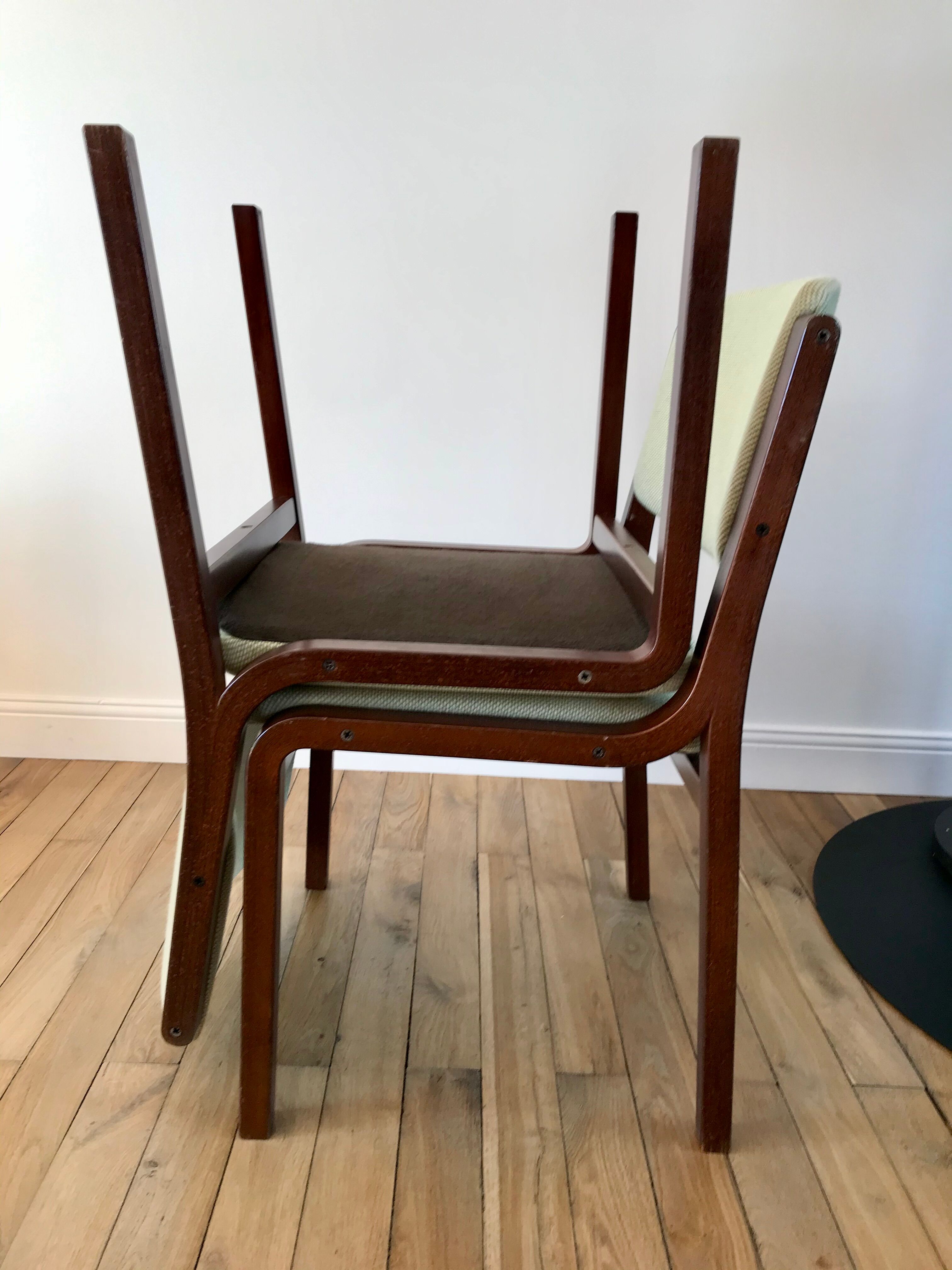 Pair of wooden armchairs and green and ecru fabrics 70s