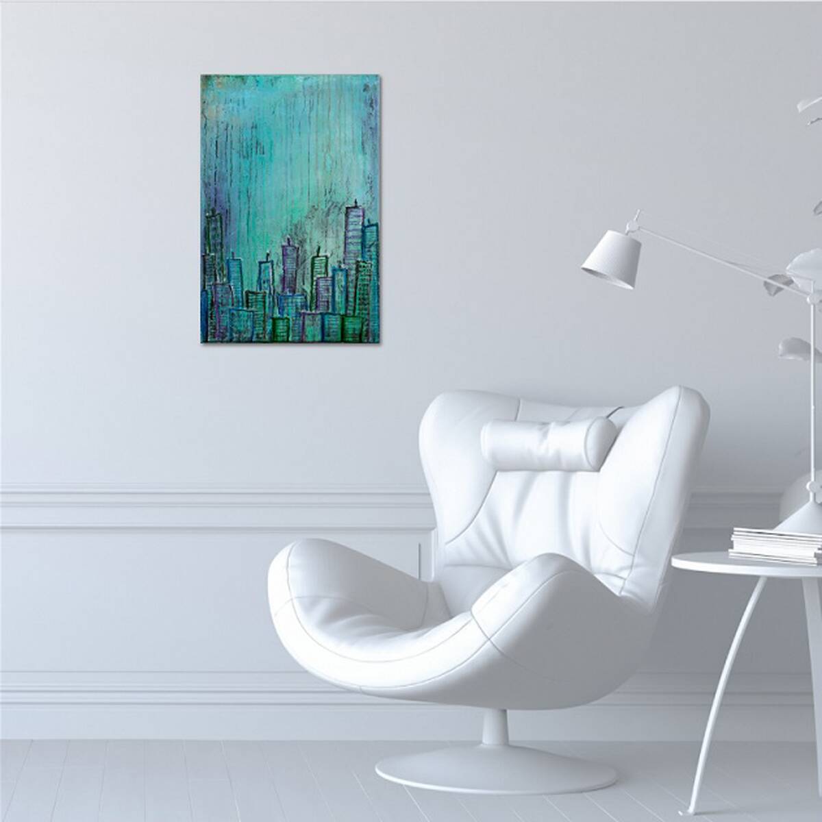 Contemporary paintig in teal, purple and green shades, acrylic on canvas