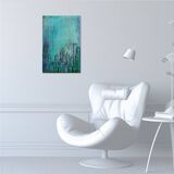 Contemporary paintig in teal, purple and green shades, acrylic on canvas