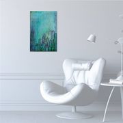 Contemporary paintig in teal, purple and green shades, acrylic on canvas