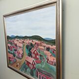 Peinture à l’huile de paysage de style naïf suédois du milieu du siècle, encadrée