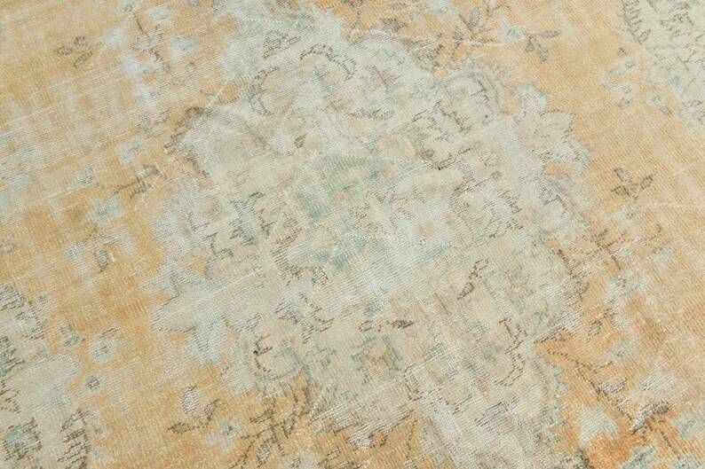 7x10 Vintage Turkish Rug, Orange Beige Floral Rug, Faded Wool Cotton Area Rug