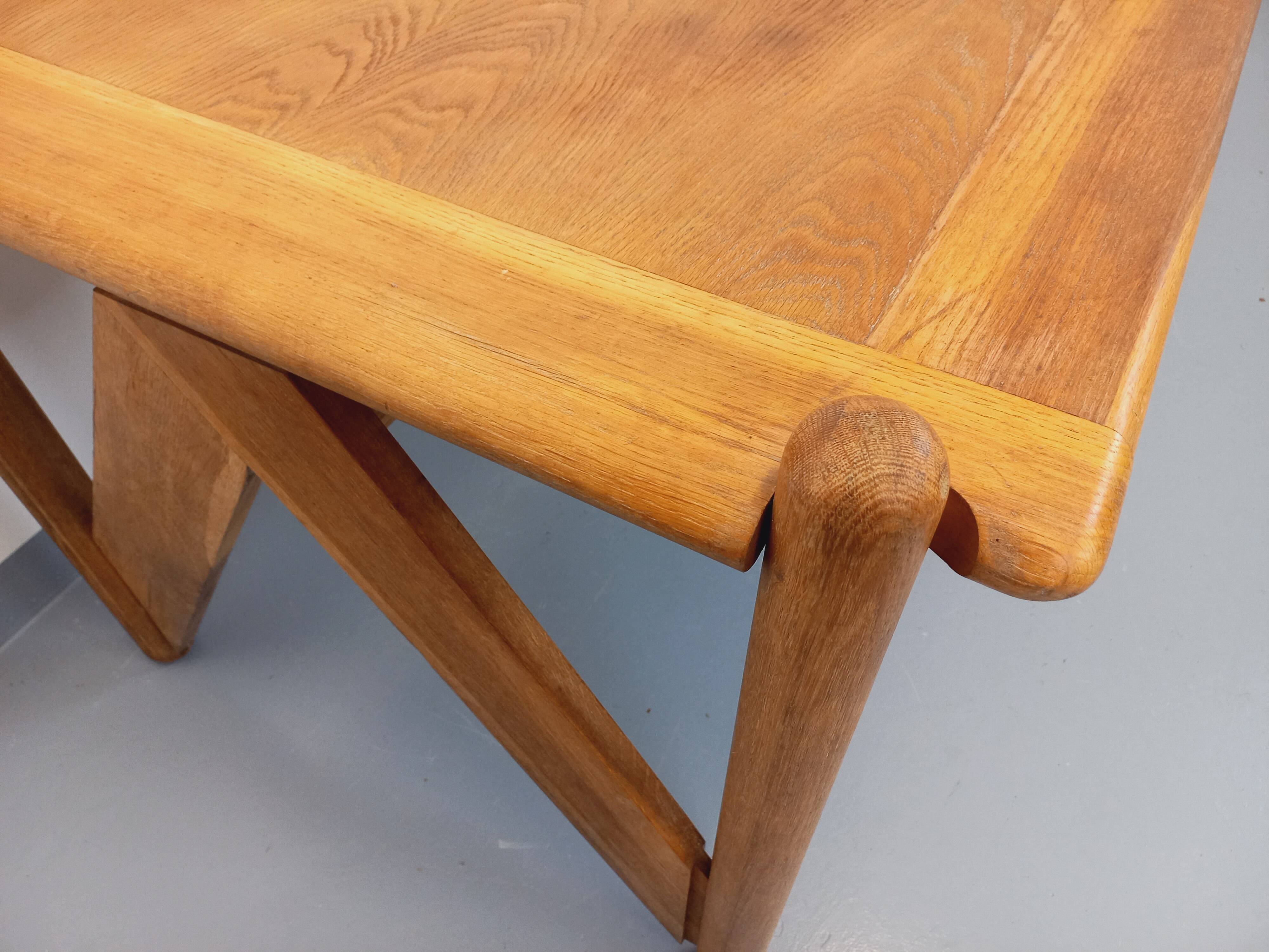 Large vintage brutalist rectangular table made of solid oak wood.