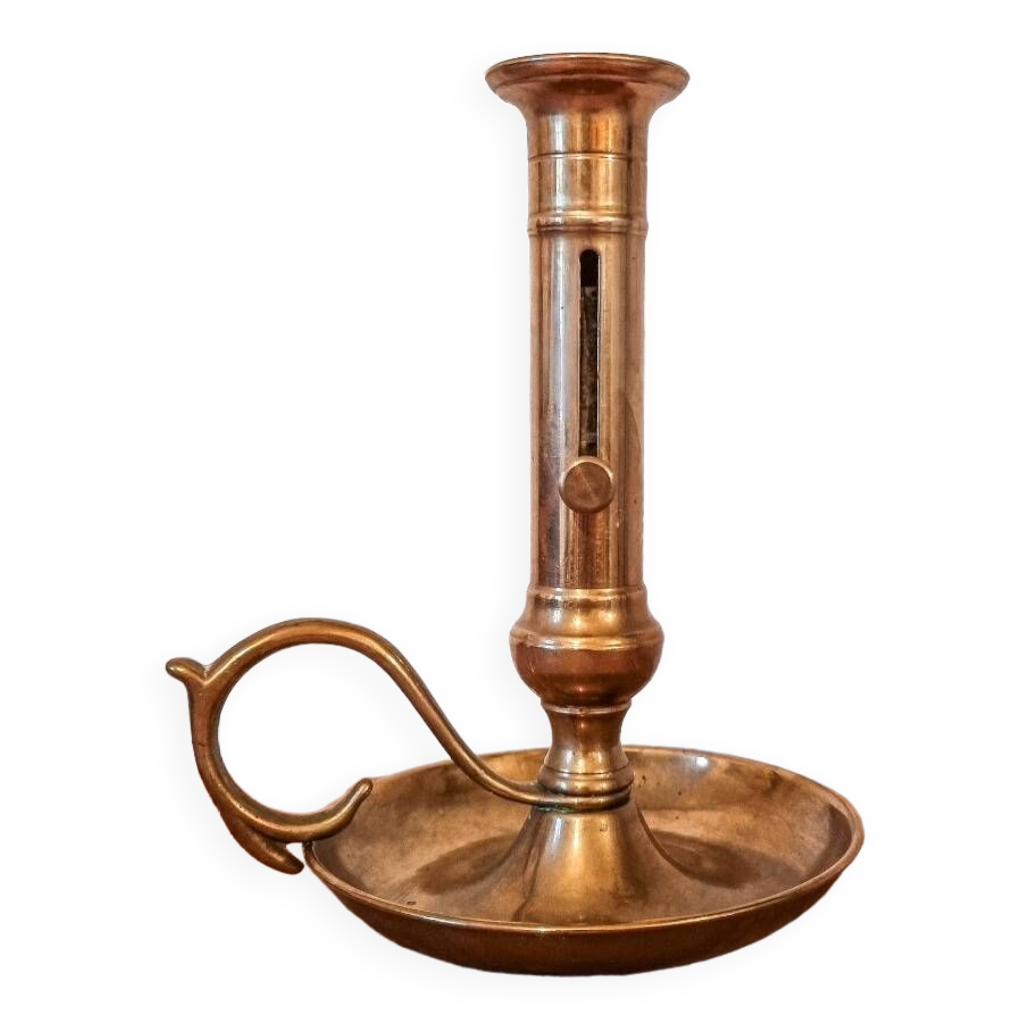 Cellar rat candle holder with brass pusher