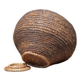 Old basket with lid, burgundy straw and bramble, woven basket, interior decoration